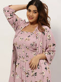 Women's Lavender Floral Printed Smocked Basic Jumpsuit With Shrug