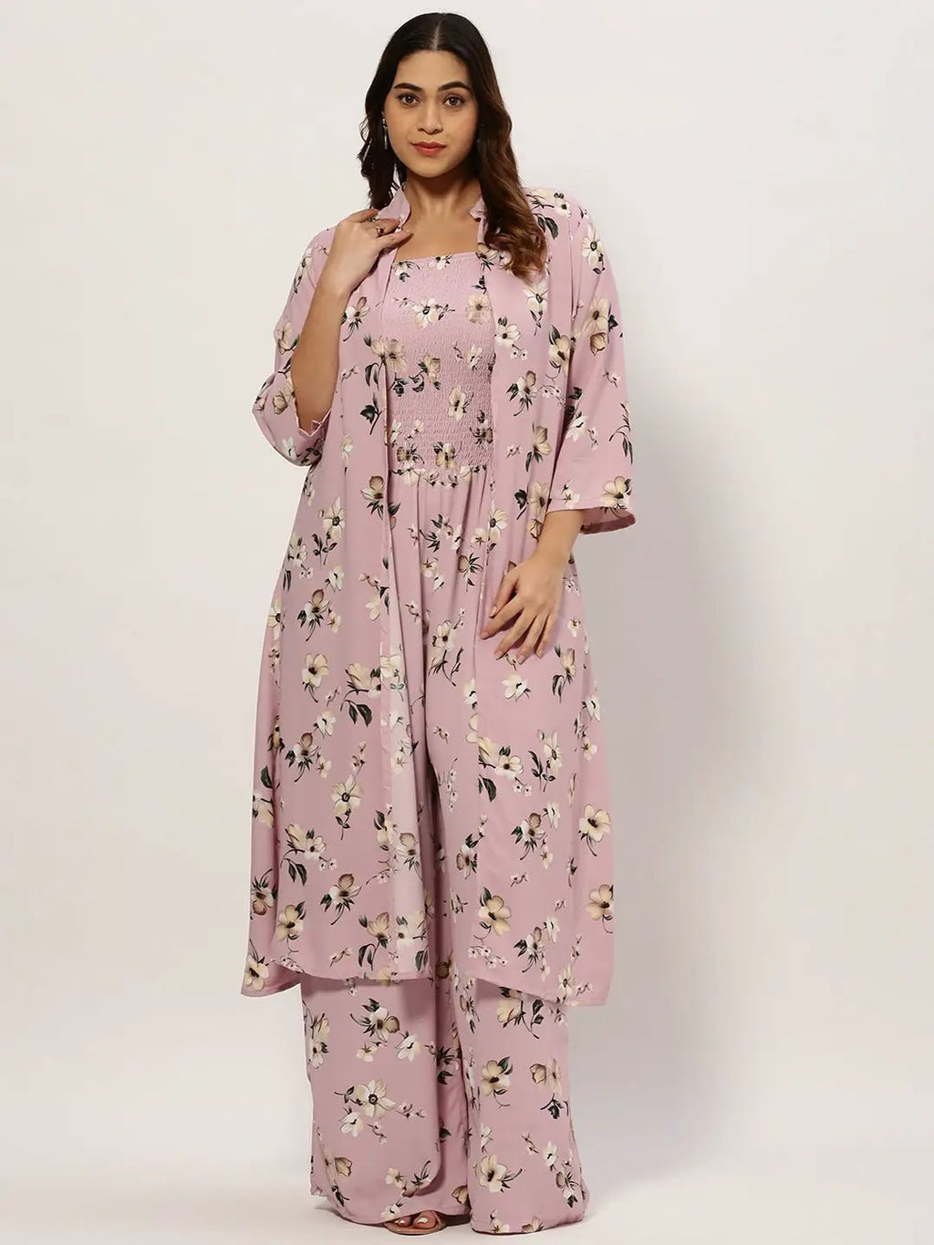 Women's Lavender Floral Printed Smocked Basic Jumpsuit With Shrug