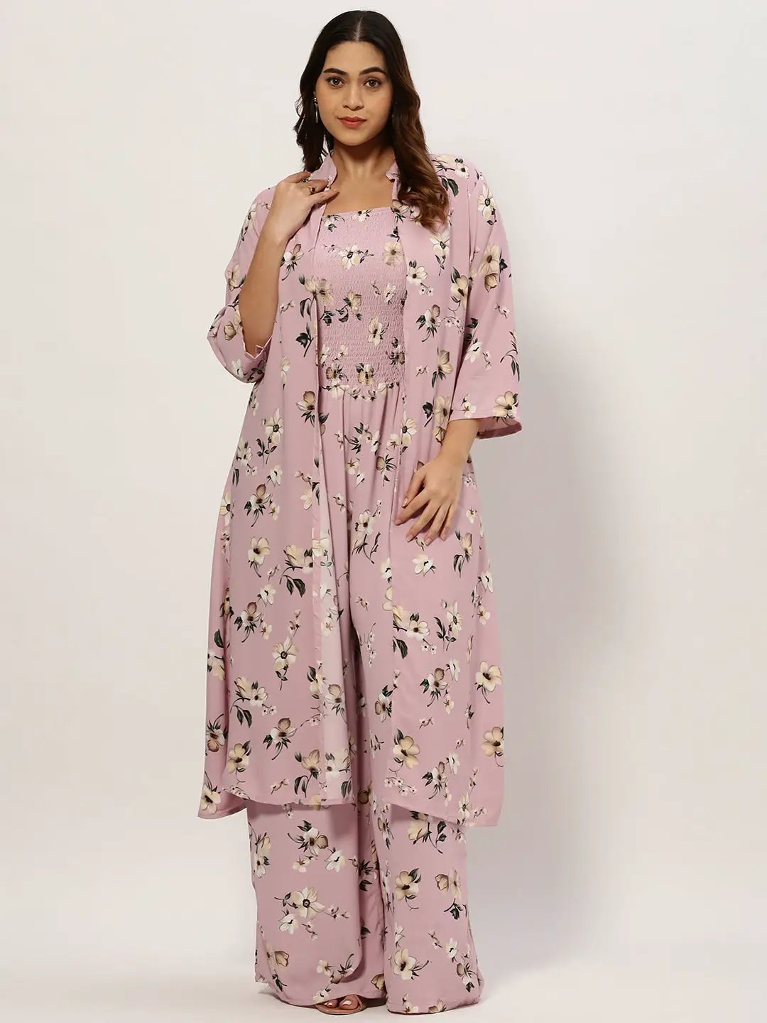 Women's Lavender Floral Printed Smocked Basic Jumpsuit With Shrug