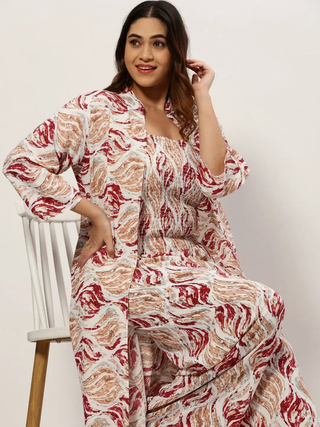 Women's White Abstract Printed Smocked Basic Jumpsuit With Shrug
