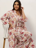 Women's White Abstract Printed Smocked Basic Jumpsuit With Shrug