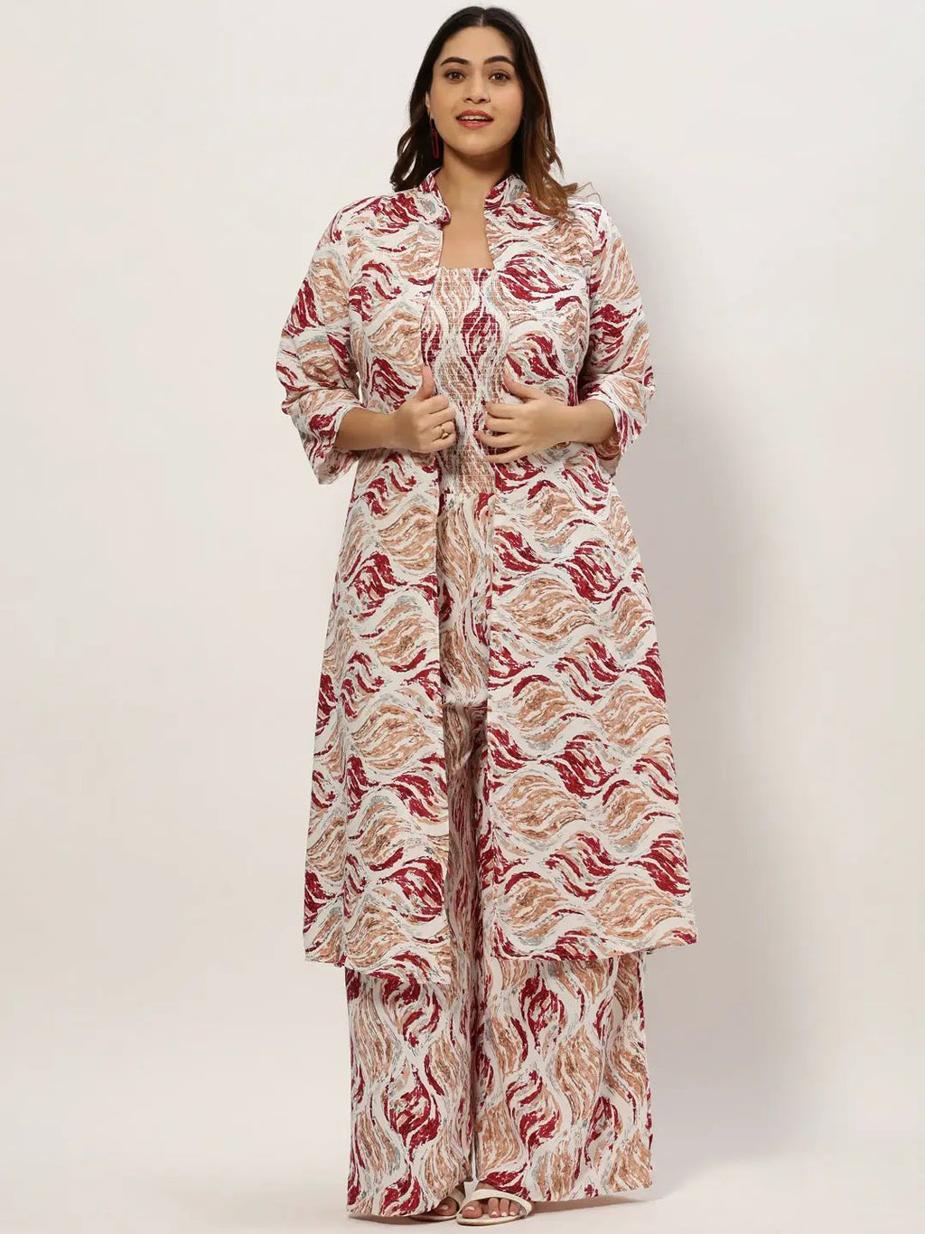 Women's White Abstract Printed Smocked Basic Jumpsuit With Shrug