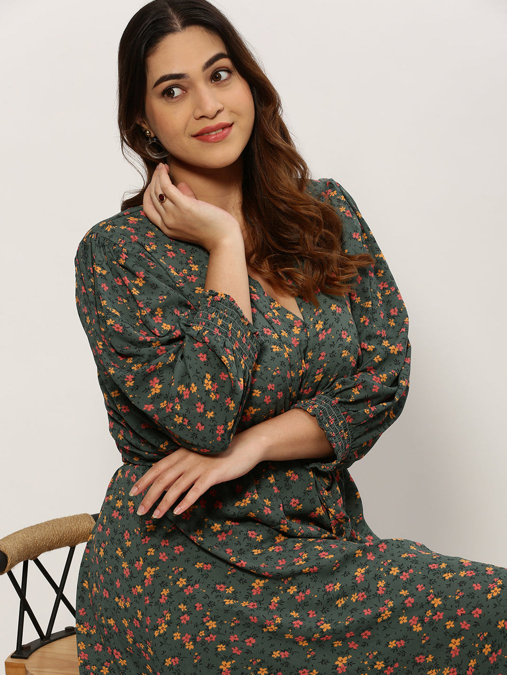 Women's Shoulder Straps Olive Floral Fit and Flare Dress