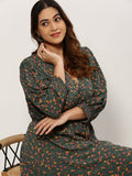 Women's Shoulder Straps Olive Floral Fit and Flare Dress