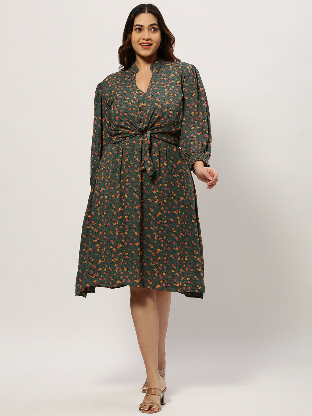 Women's Shoulder Straps Olive Floral Fit and Flare Dress