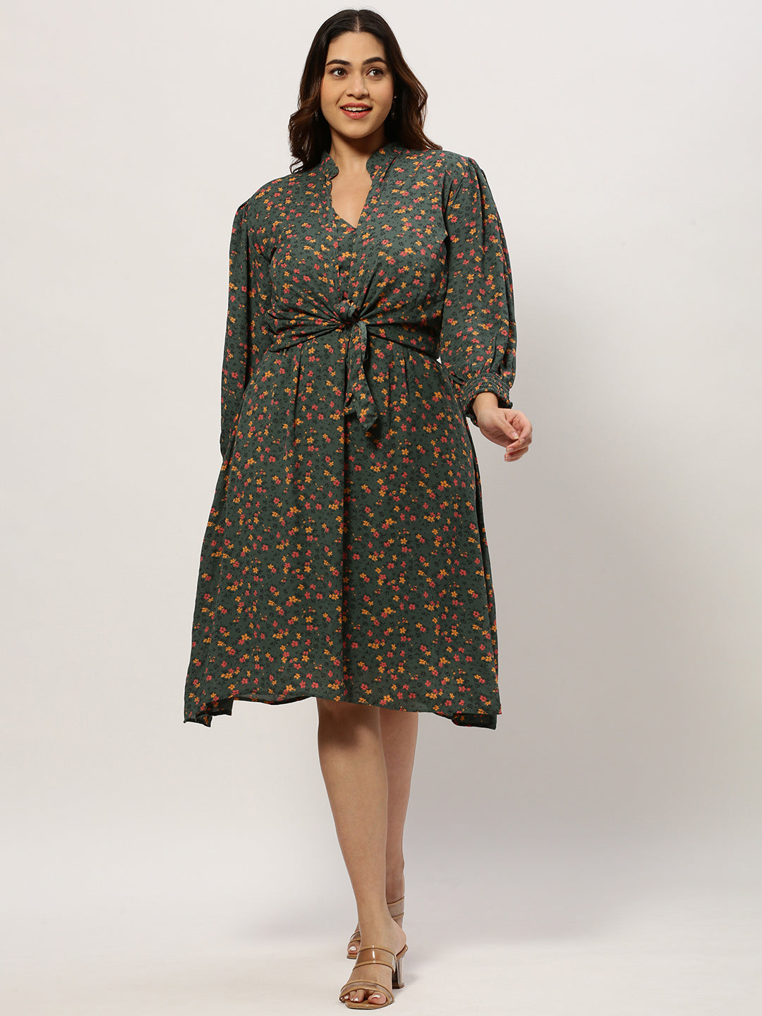 Women's Shoulder Straps Olive Floral Fit and Flare Dress