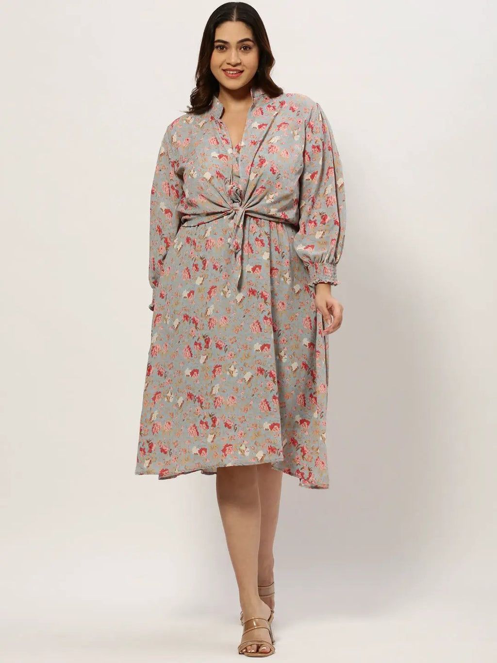 Women's Shoulder Straps Blue Floral Fit and Flare Dress