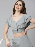 Women's Grey V-Neck Short Sleeves Top With Palazzo Co-Ords