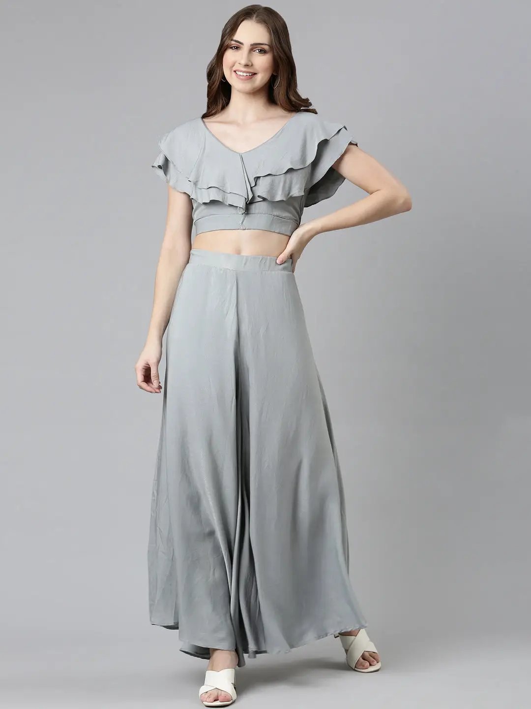 Women's Grey V-Neck Short Sleeves Top With Palazzo Co-Ords