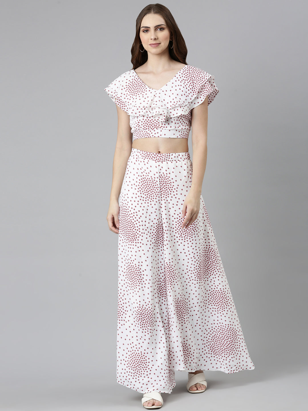 Women's White Printed Ruffled V Neck Co-Ords Set With Flared Palazzo