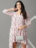 Women's Pink Floral Printed Fit & Flare Dress With Jacket