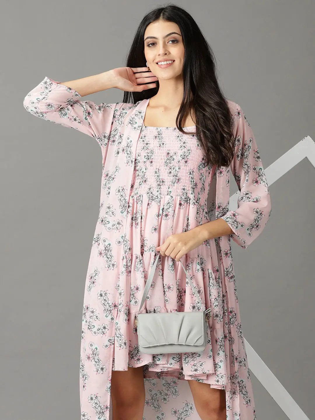 Women's Pink Floral Printed Fit & Flare Dress With Jacket