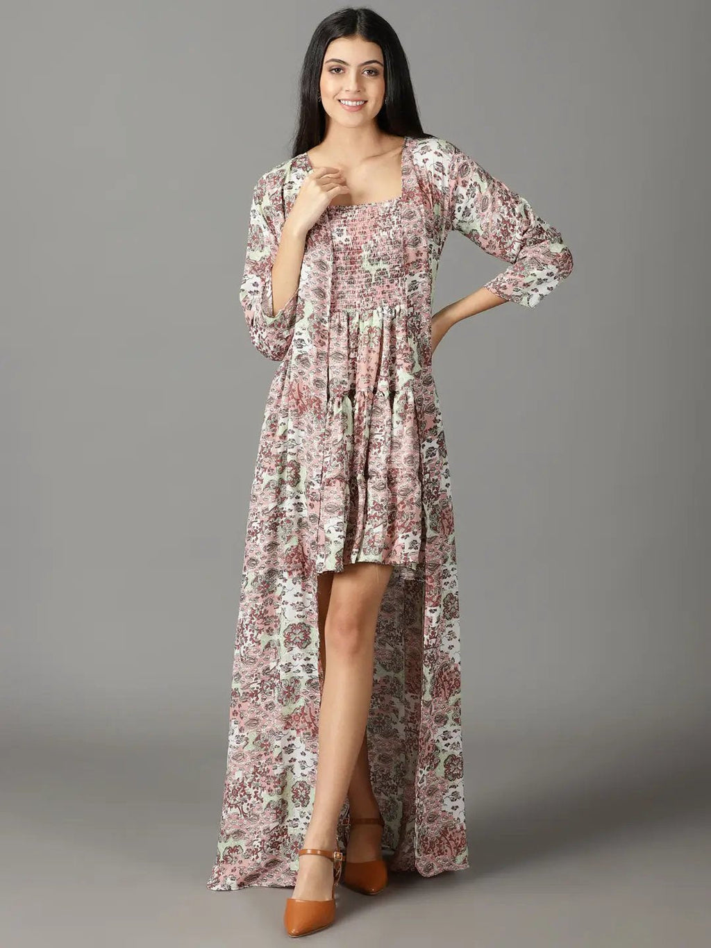 Women's Peach Floral Layered A-Line Dress
