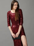 Women's Maroon Sequinned Embellished Sheath Maxi Dress