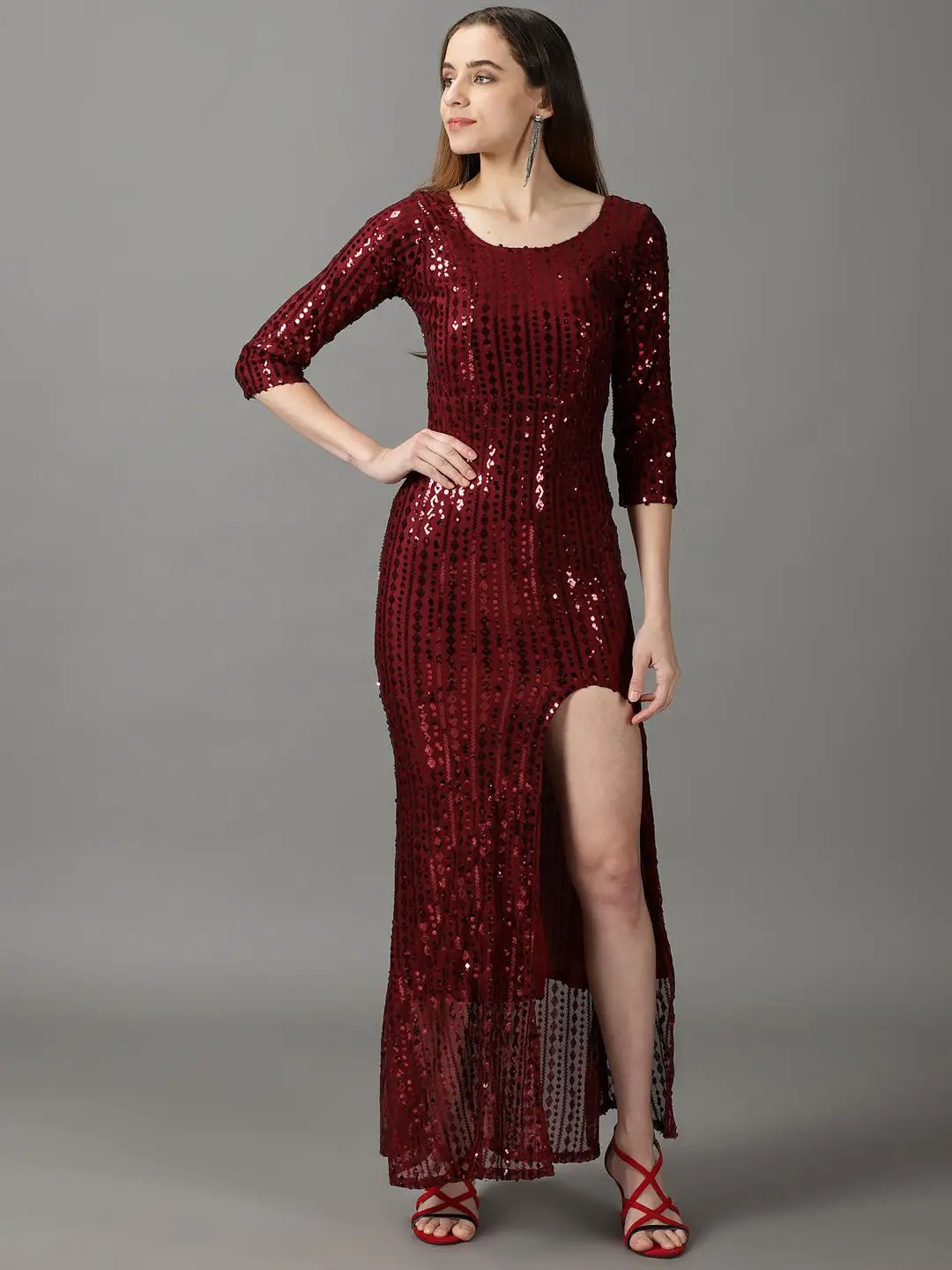 Women's Maroon Sequinned Embellished Sheath Maxi Dress