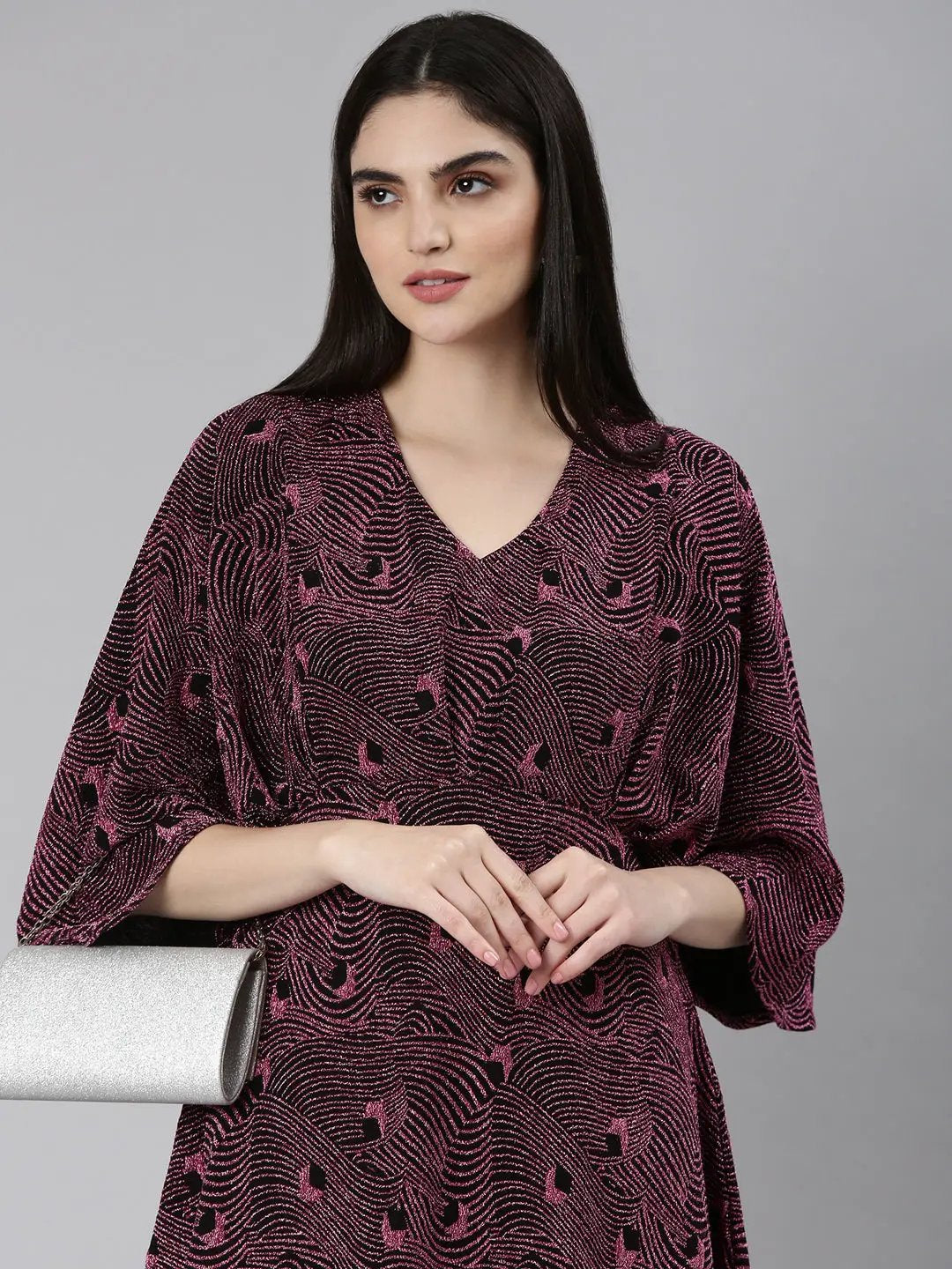 Women's Pink Self Design Flared Sleeve Fit and Flare Dress