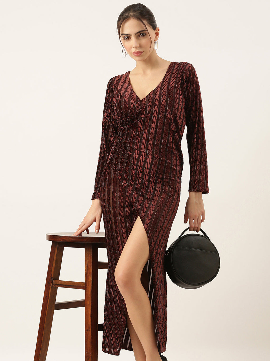 Women's Brown Velvet Bodycon Midi Dress