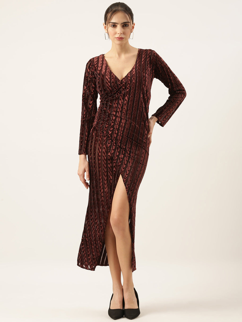 Women's Brown Velvet Bodycon Midi Dress