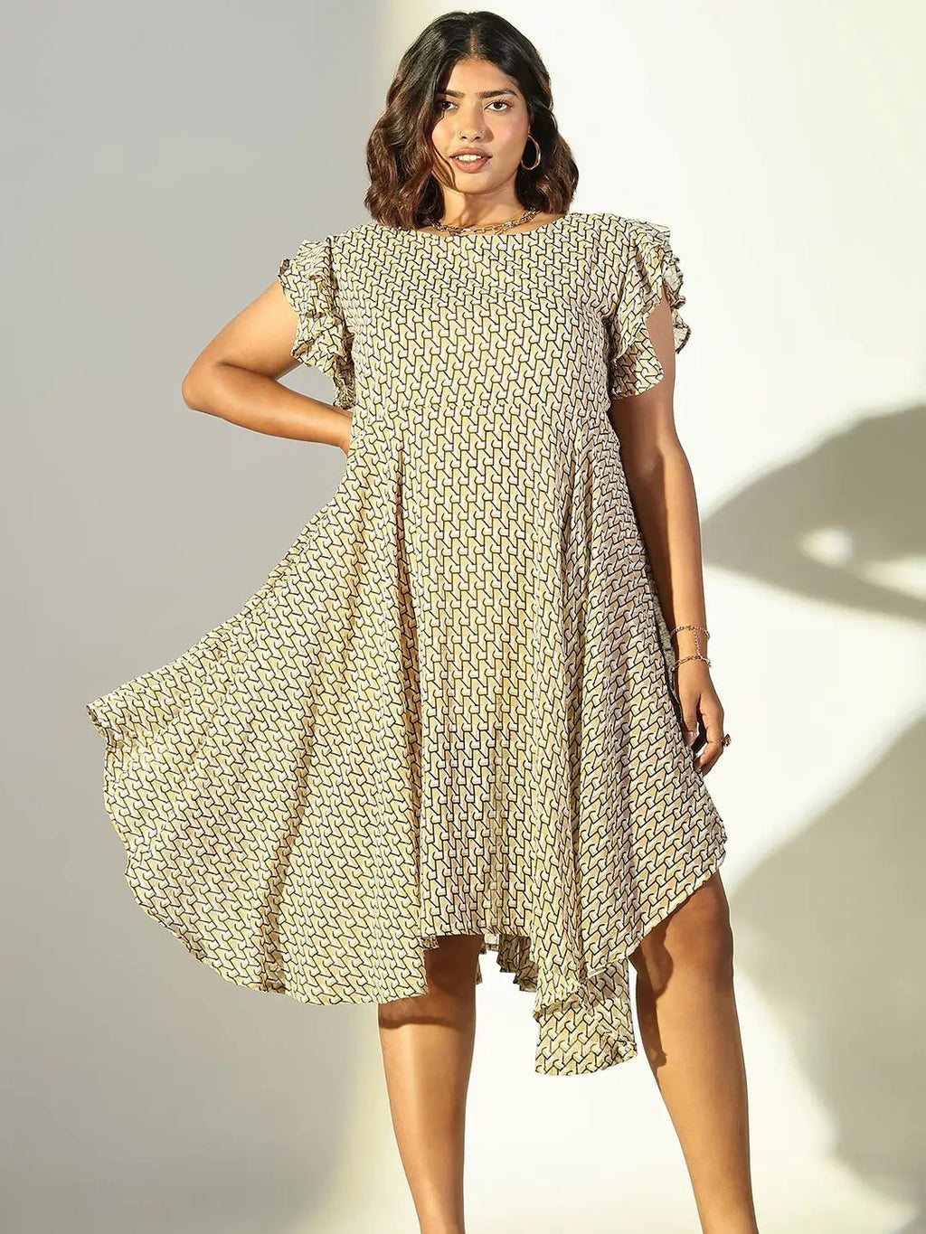 Women's Beige Geometric Fit and Flare Dress