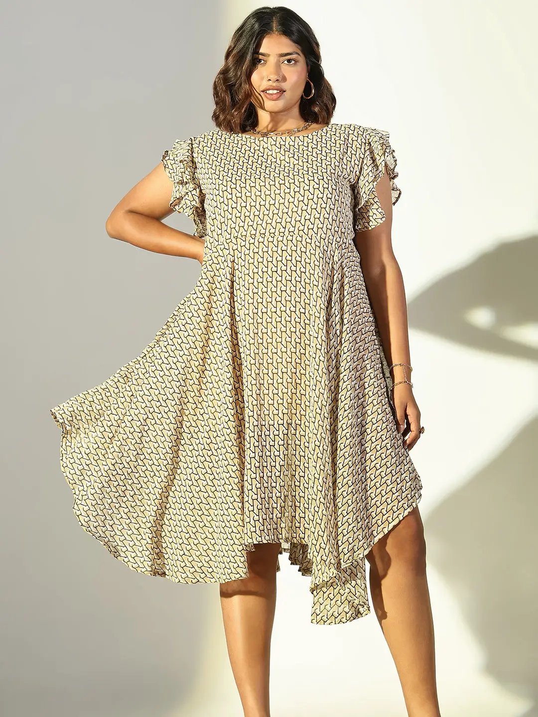 Women's Beige Geometric Fit and Flare Dress