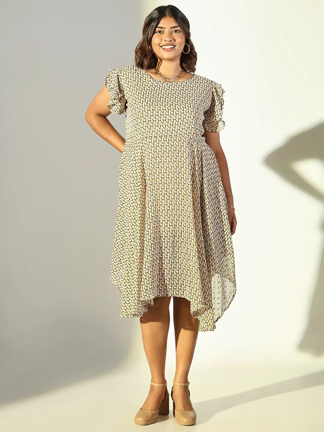 Women's Beige Geometric Fit and Flare Dress
