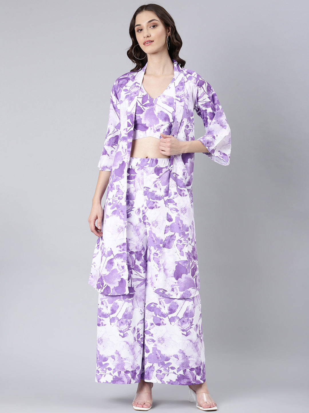 Women's White Floral Printed V-Neck Co-Ords with Jacket