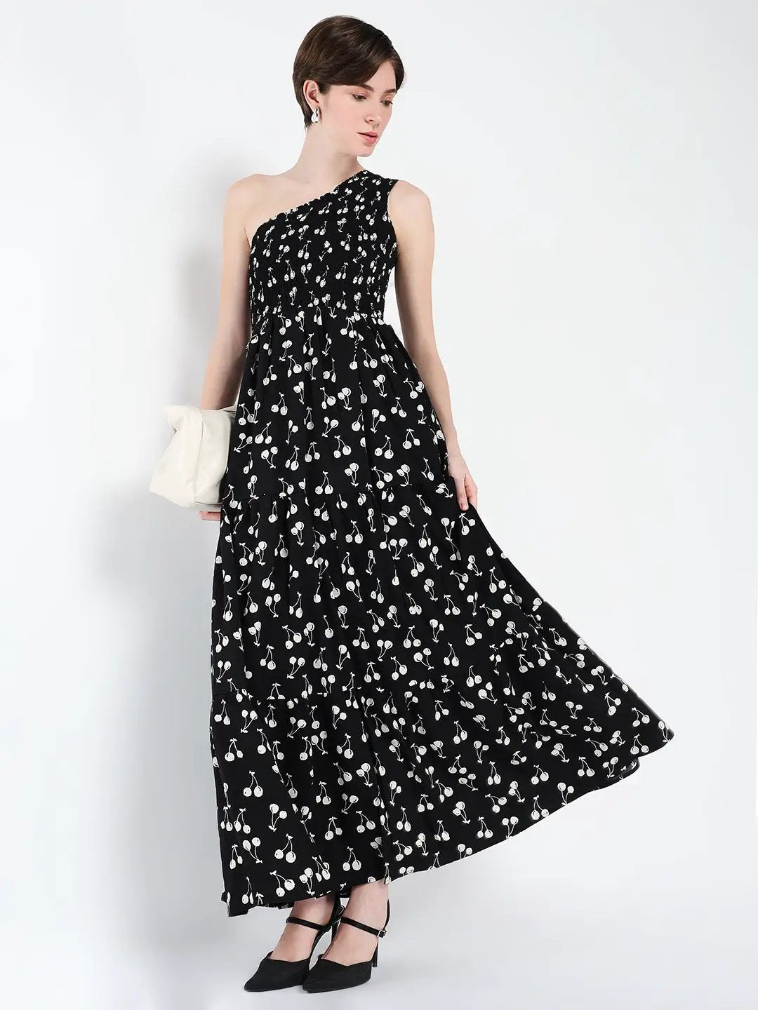 Women's Black Conversational Printed One Shoulder Fit & Flare Maxi Dress