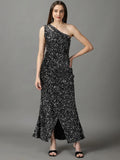 Women's Black Embellished One Shoulder Net Maxi Dress