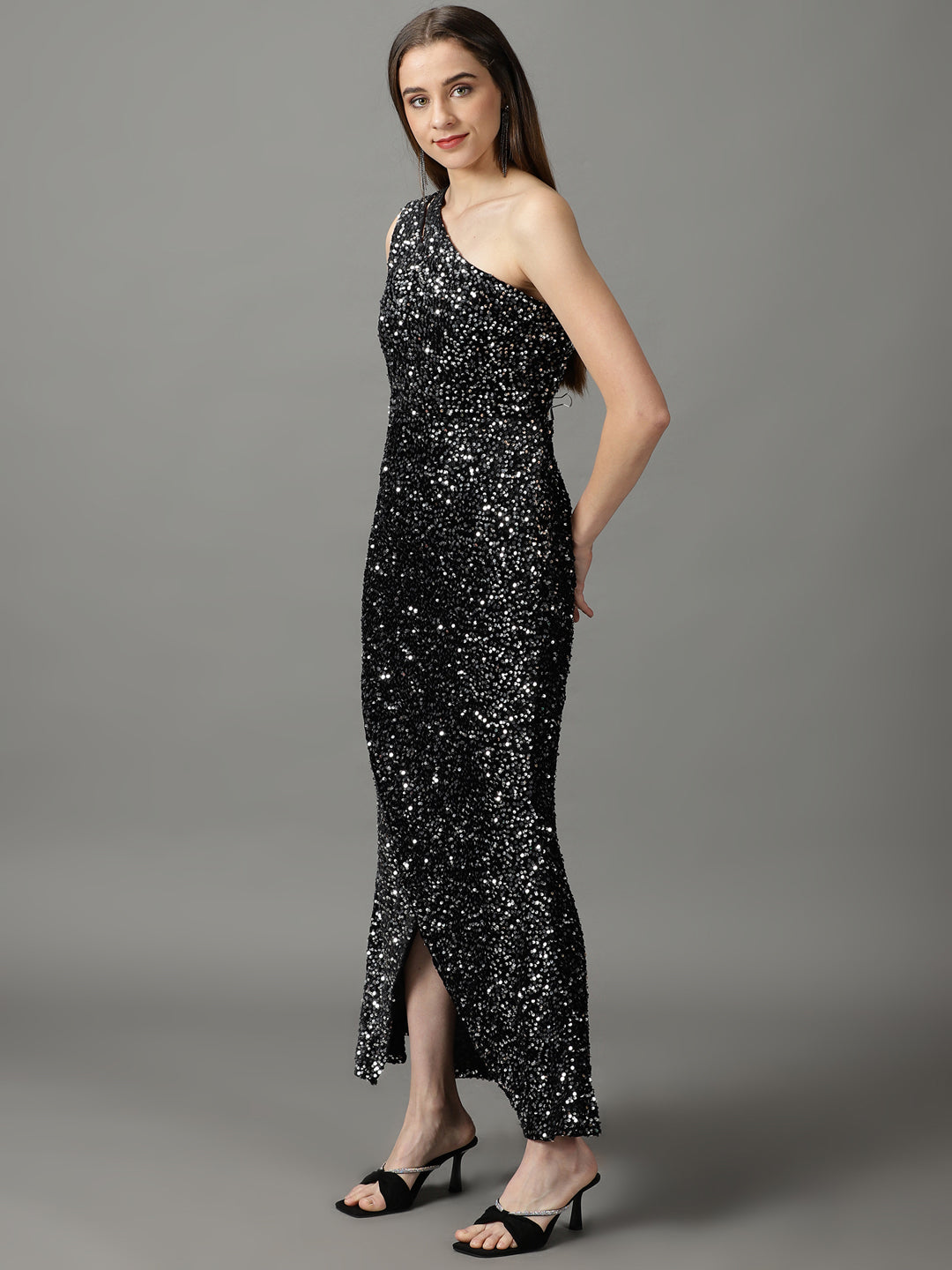 Women's Black Embellished One Shoulder Net Maxi Dress