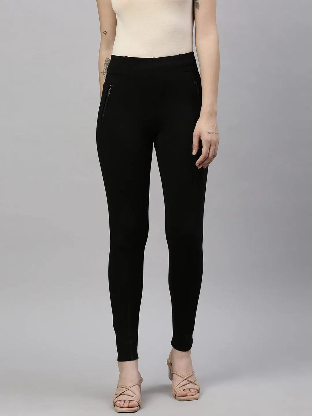 Women's Black Slim Fit Jeggings with Zip