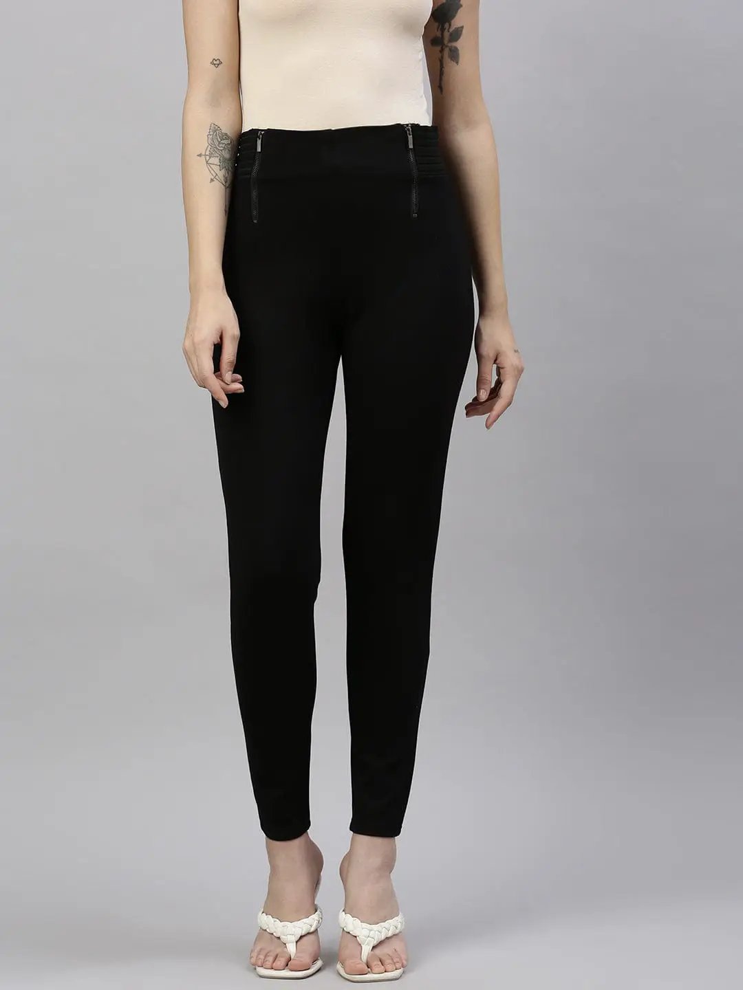 Women's Black Slim Fit Jeggings with Zip