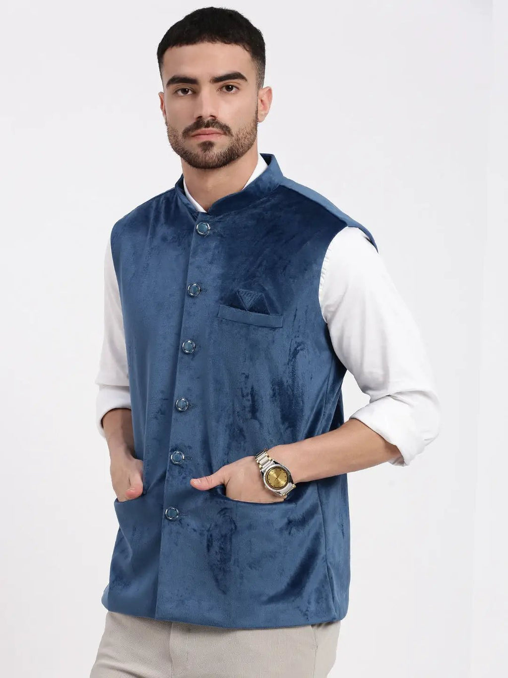 Men's Blue Slim Fit Velvet Nehru Jacket