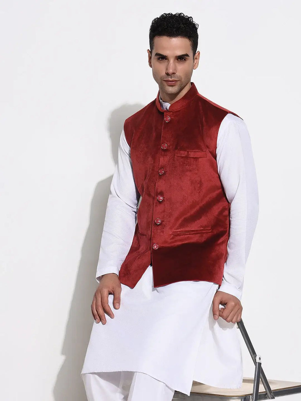 Men's Red Slim Fit Velvet Nehru Jacket
