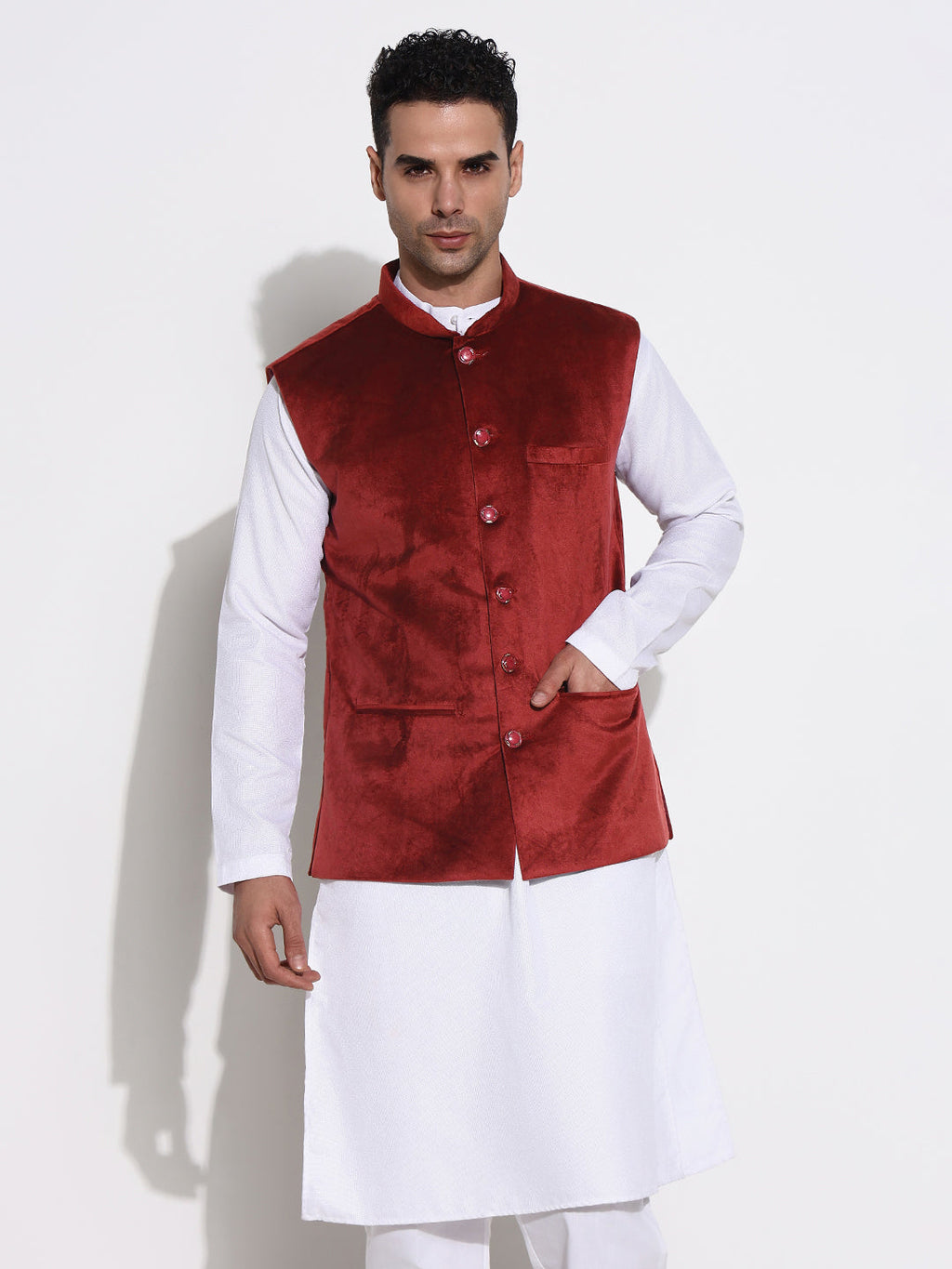 Men's Red Slim Fit Velvet Nehru Jacket