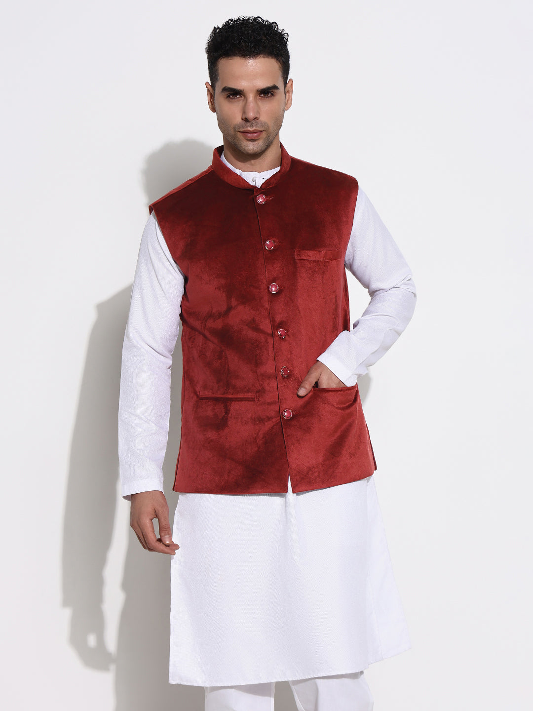 Men's Red Slim Fit Velvet Nehru Jacket