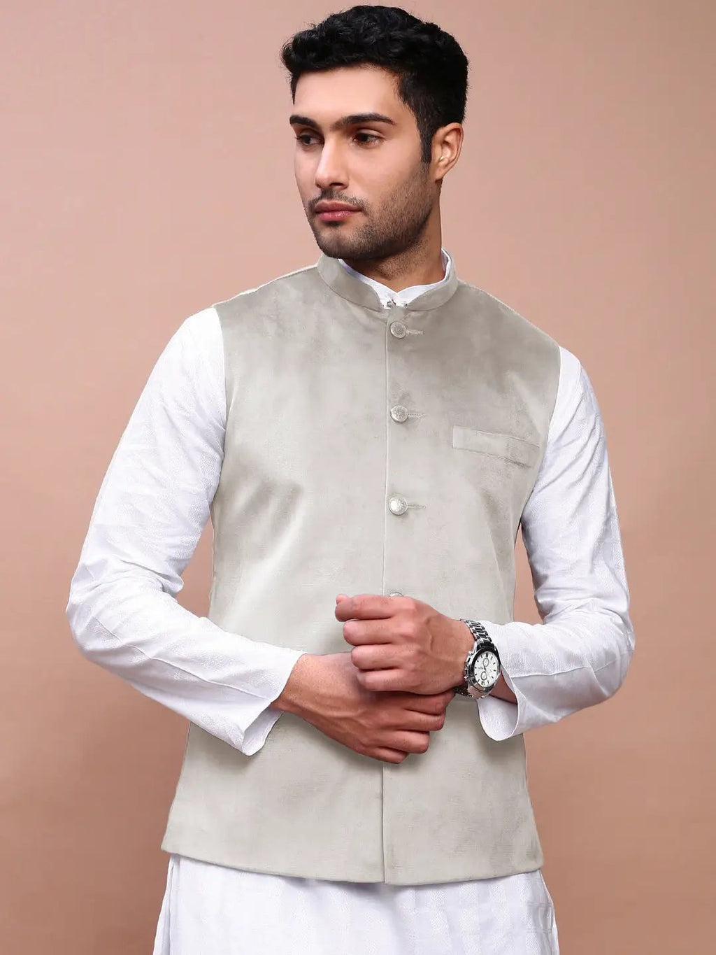 Men's Grey Slim Fit Velvet Nehru Jacket