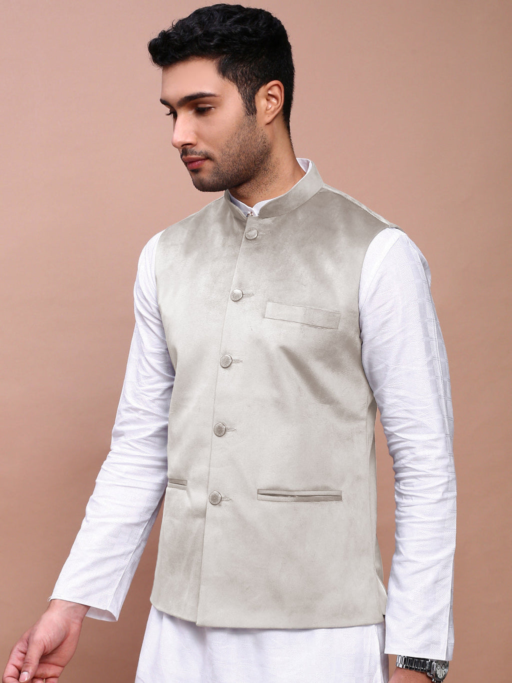 Men's Grey Slim Fit Velvet Nehru Jacket
