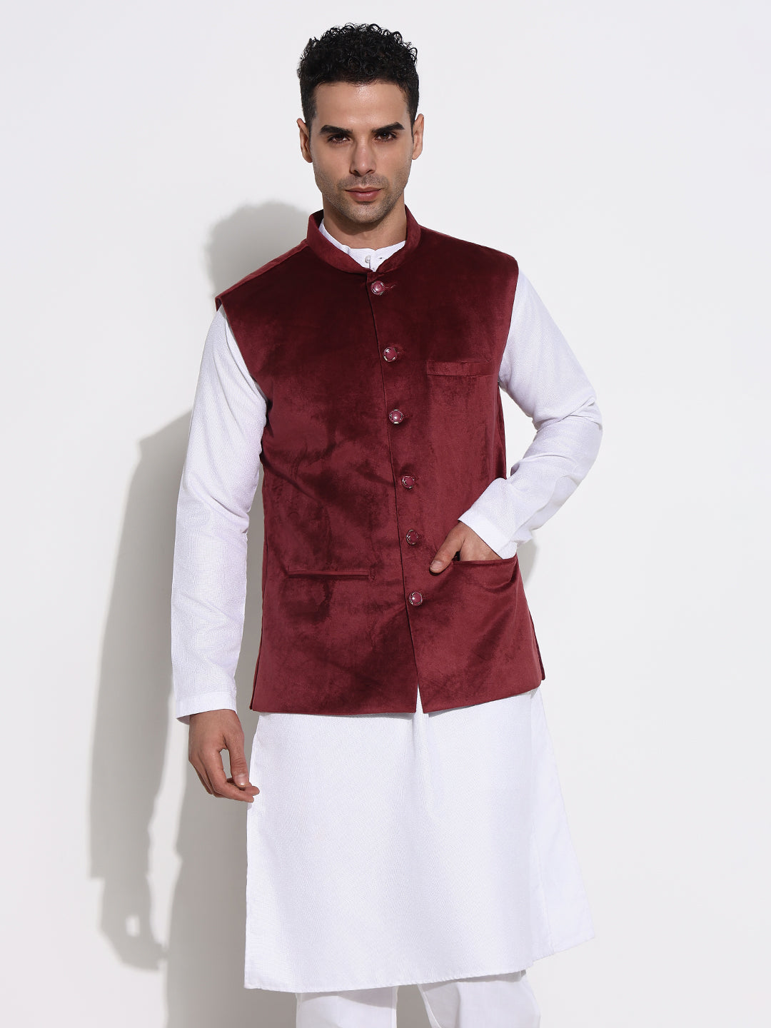 Men's Burgundy Solid Nehru Jacket