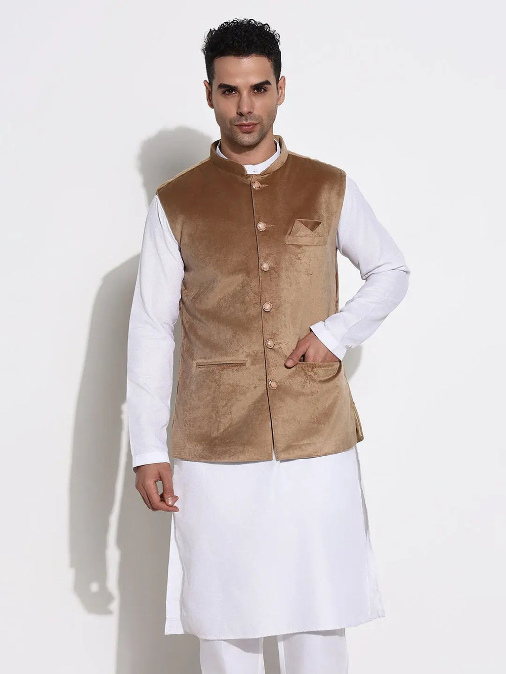 Men's Brown Mandarin Collar Solid Nehru Jacket