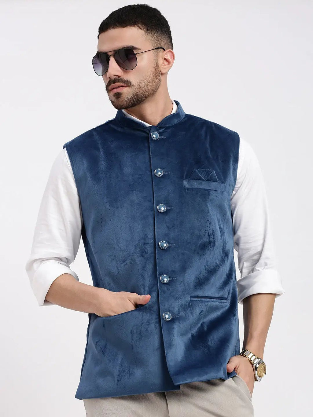 Men's Blue Velvet Slim-Fit Nehru Jacket