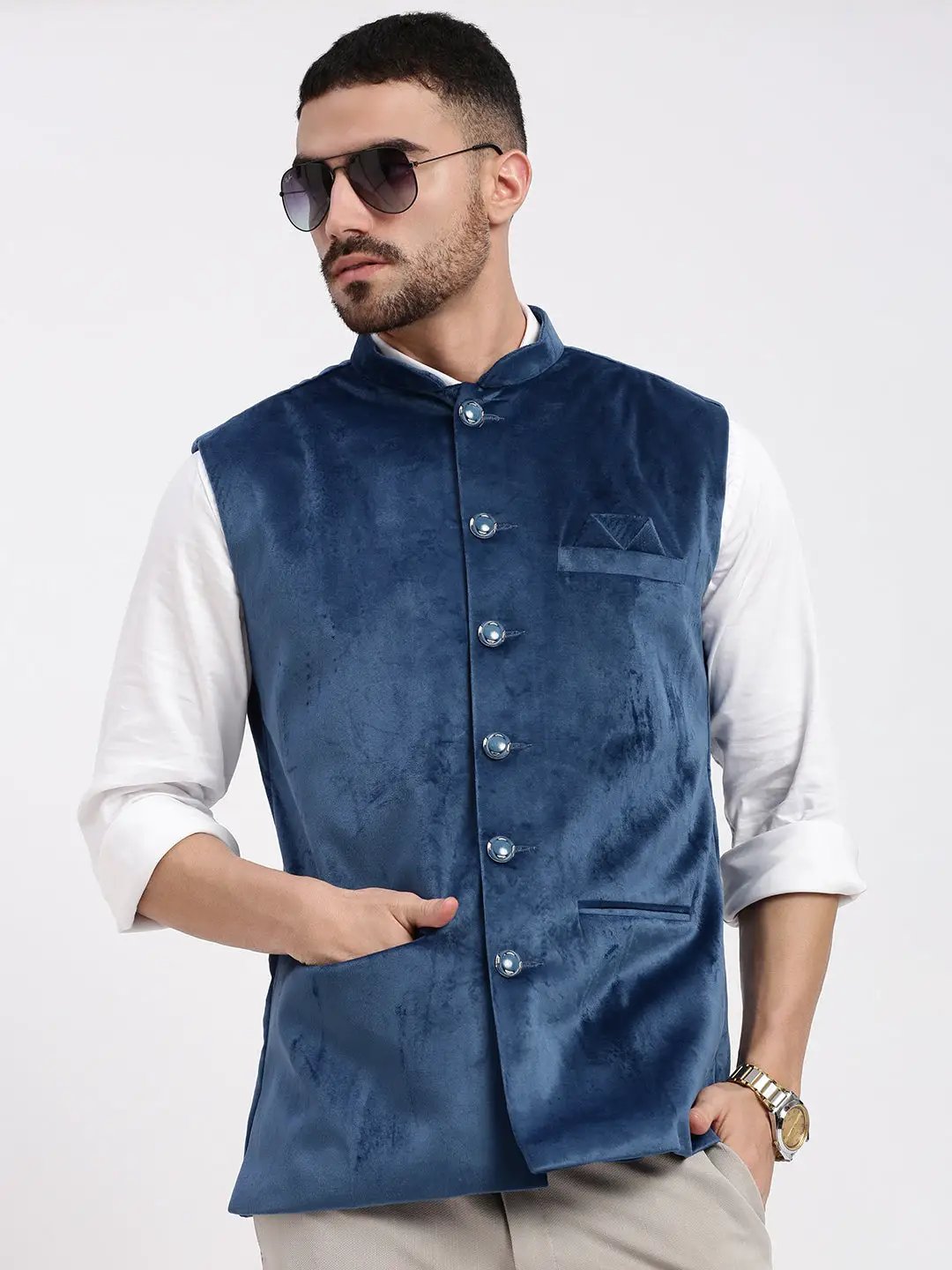 Men's Blue Velvet Slim-Fit Nehru Jacket