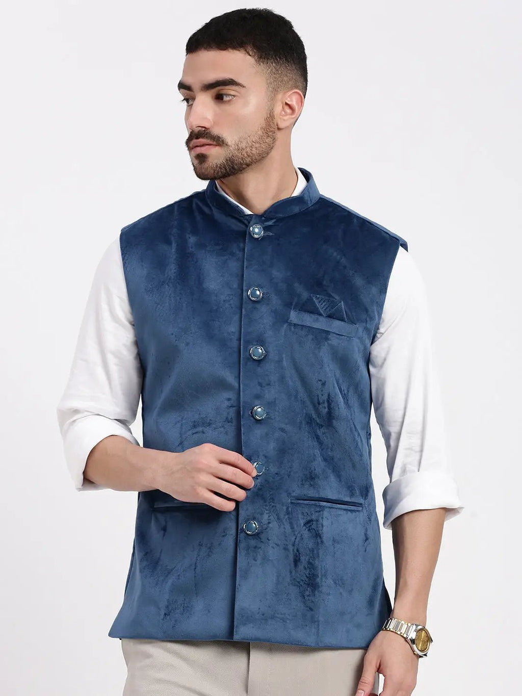 Men's Blue Velvet Slim-Fit Nehru Jacket
