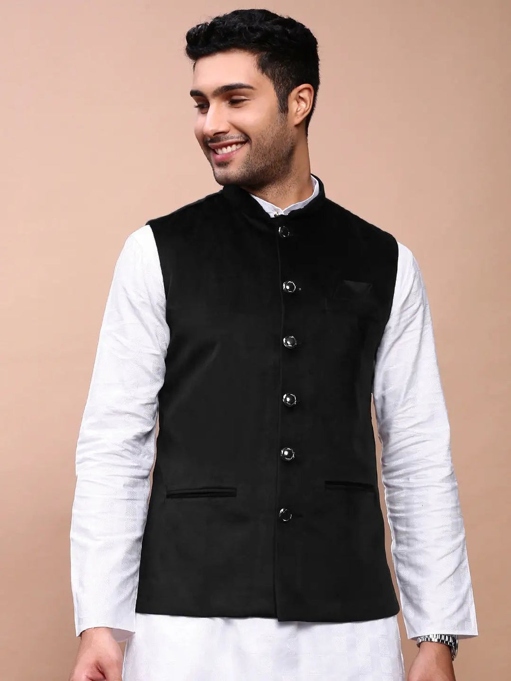 Men's Black Slim Fit Velvet Nehru Jacket