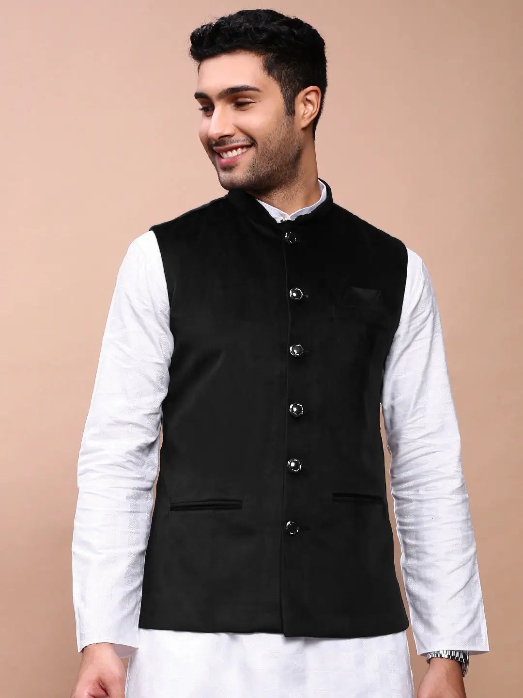 Men's Black Slim Fit Velvet Nehru Jacket