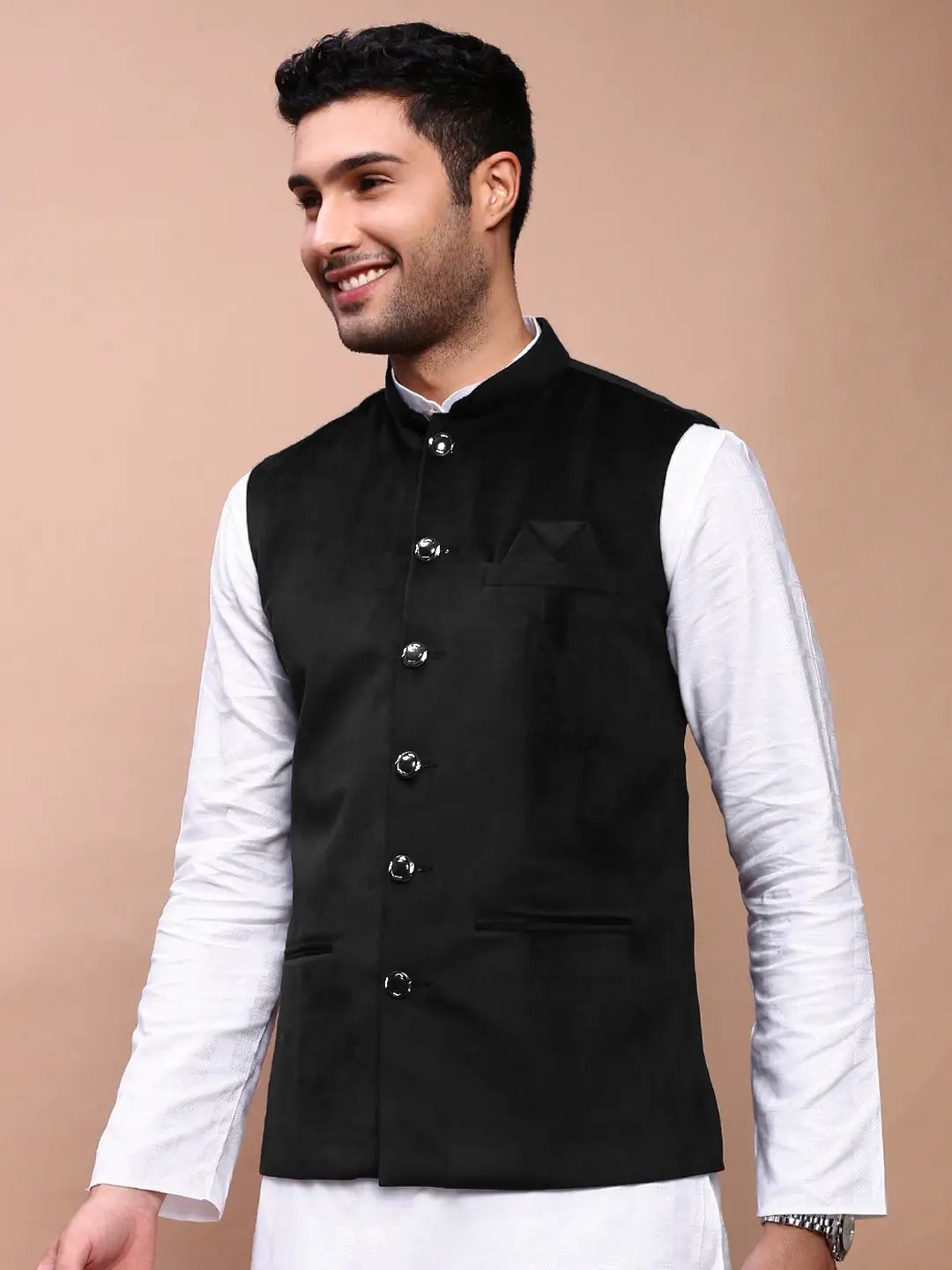 Men's Black Slim Fit Velvet Nehru Jacket