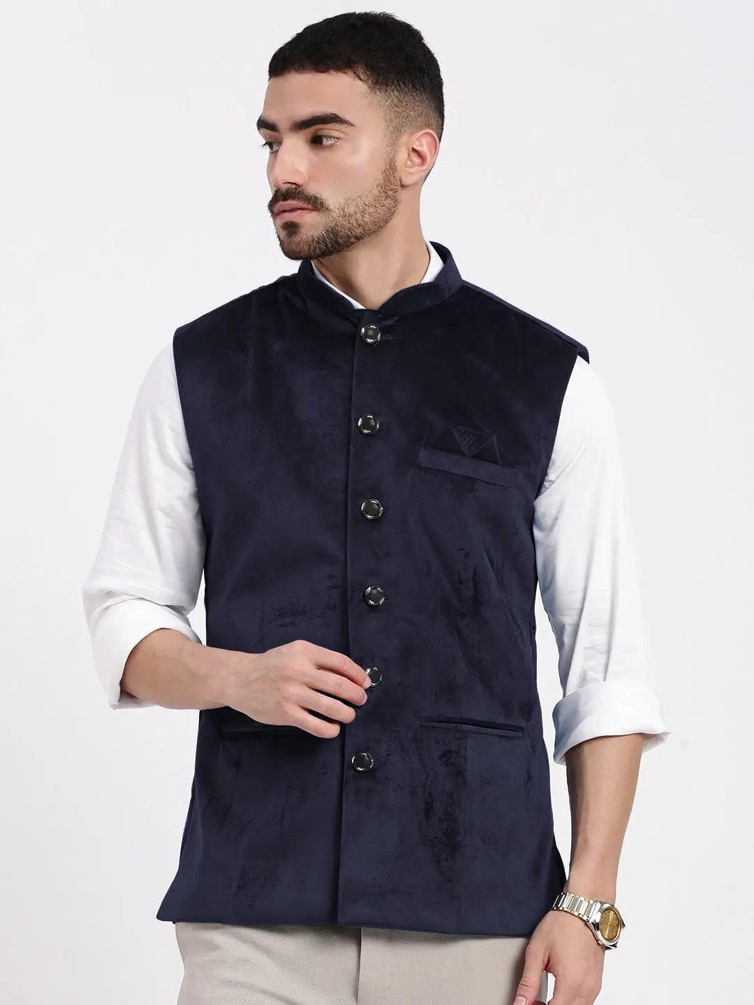 Men's Navy Blue Slim Fit Velvet Nehru Jacket