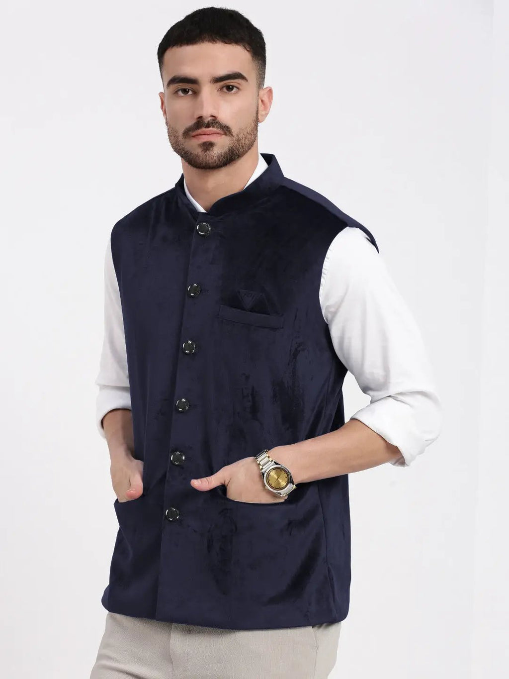 Men's Navy Blue Slim Fit Velvet Nehru Jacket