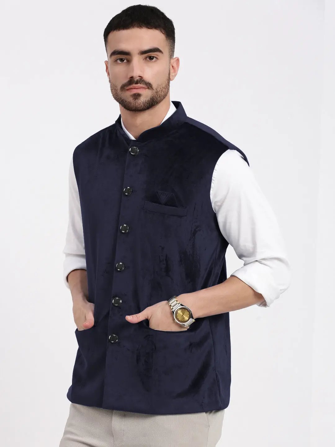 Men's Navy Blue Slim Fit Velvet Nehru Jacket