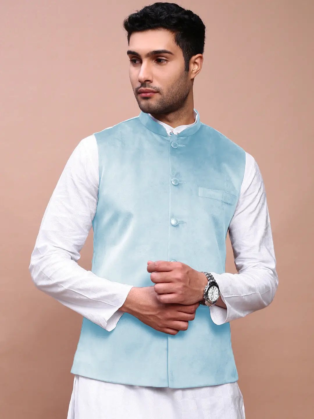 Men's Blue Slim Fit Velvet Nehru Jacket