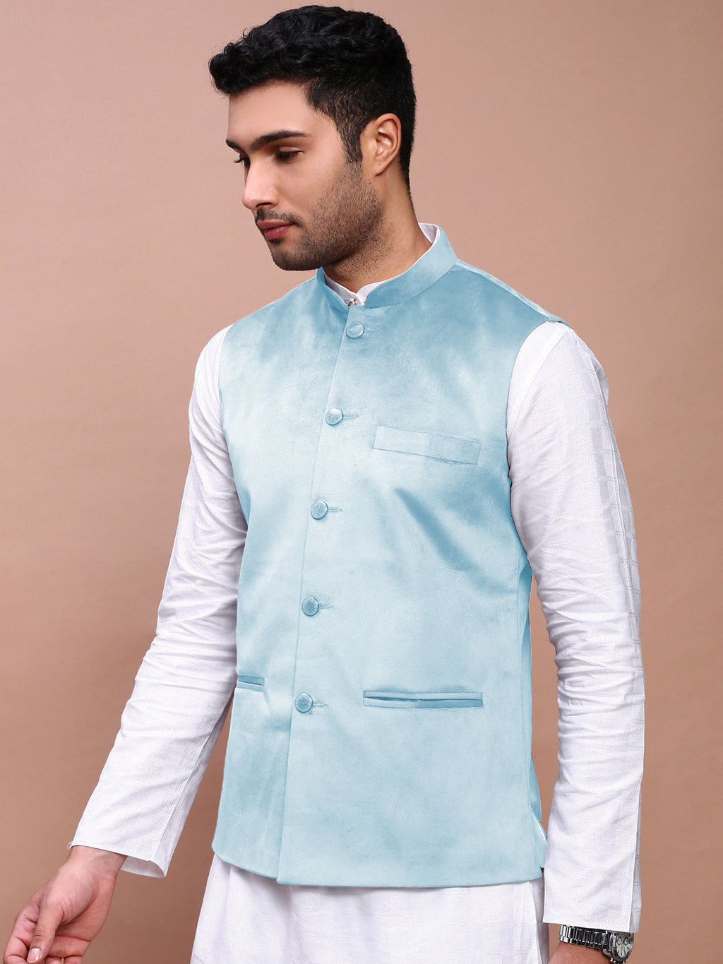 Men's Blue Slim Fit Velvet Nehru Jacket